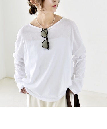 《予約》quaranciel:〈手洗い可能〉シアー コットン ボートネック ルーズ ロンTEE