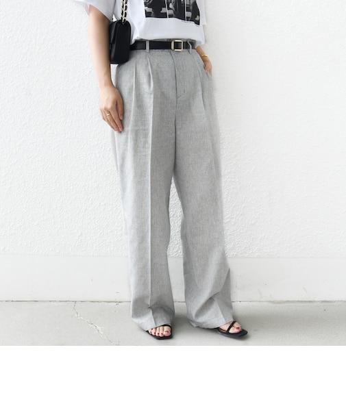 〈手洗い可能〉麻混 シャンブレー ピケ 2タック パンツ