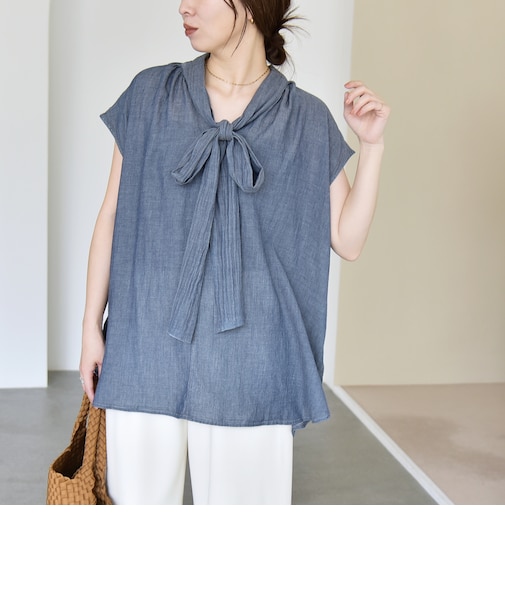 quaranciel:〈手洗い可能〉シアー デニム ボウタイ フレンチスリーブ ブラウス