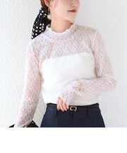 《予約》〈手洗い可能〉フラワー ストレッチ レース ハイネック トップス
