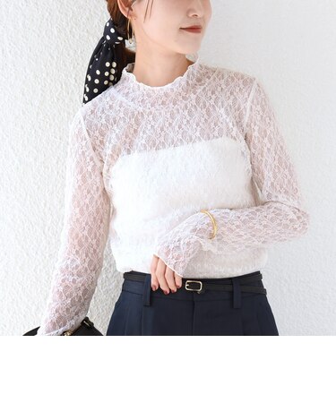 《予約》〈手洗い可能〉フラワー ストレッチ レース ハイネック トップス