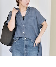 quaranciel:〈手洗い可能〉シアー デニム フレンチスリーブ レギュラー シャツ