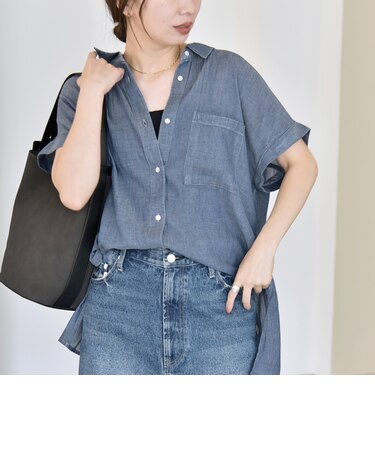 quaranciel:〈手洗い可能〉シアー デニム フレンチスリーブ レギュラー シャツ