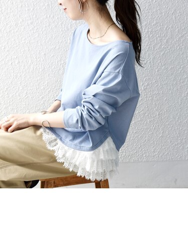 《予約》SHIPS any:〈洗濯機可能〉レース ヘム アシンメトリー ロングスリーブ TEE
