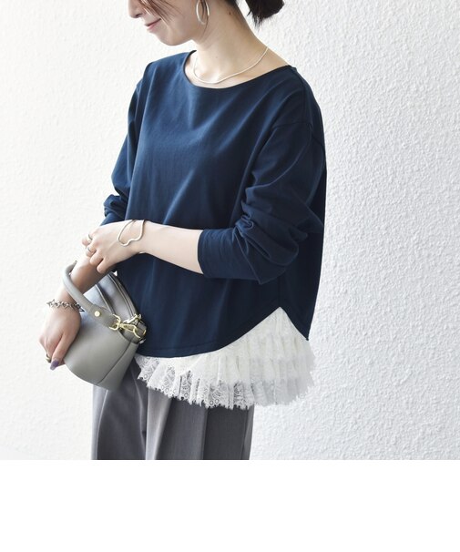 《予約》SHIPS any:〈洗濯機可能〉レース ヘム アシンメトリー ロングスリーブ TEE