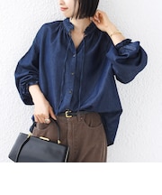 《予約》〈洗濯機可能〉ライトオンス デニム フリル スキッパー ブラウス
