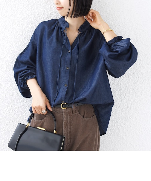 《予約》〈洗濯機可能〉ライトオンス デニム フリル スキッパー ブラウス