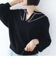 《予約》【WEB限定】〈手洗い可能〉配色 ステッチ アイレット スキッパー ニット