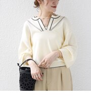 《予約》【WEB限定】〈手洗い可能〉配色 ステッチ アイレット スキッパー ニット