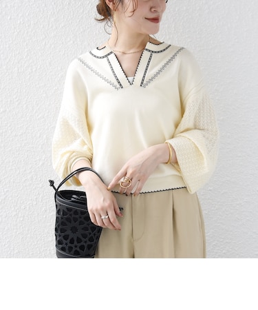 《予約》【WEB限定】〈手洗い可能〉配色 ステッチ アイレット スキッパー ニット