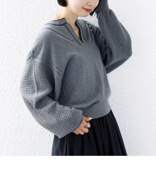 《予約》【WEB限定】〈手洗い可能〉配色 ステッチ アイレット スキッパー ニット