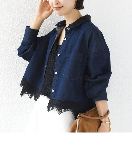 《予約》【WEB限定】〈手洗い可能〉ライトオンス レース コンビ デニム ロングスリーブ シャツ