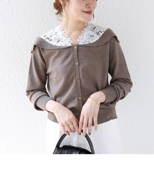 《予約》【WEB限定】〈手洗い可能〉レース ビッグ カラー ニット カーディガン
