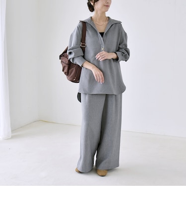 《予約》quaranciel:〈洗濯機可能〉ウールライク Vネック スキッパー シャツ & ワイド パンツ セットアップ
