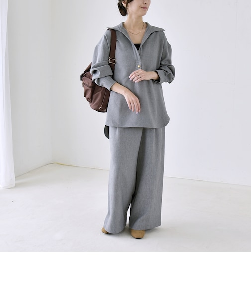 《予約》quaranciel:〈洗濯機可能〉ウールライク Vネック スキッパー シャツ & ワイド パンツ セットアップ