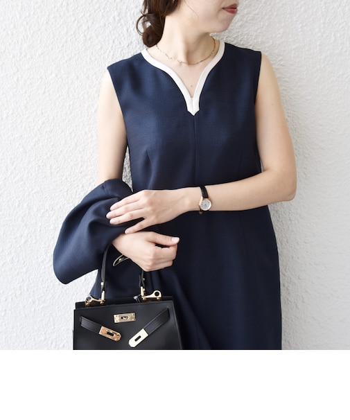 《予約》SHIPS any:〈洗濯機可能〉カーブネック ノースリーブ ワンピース［NAVY BLUE］