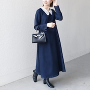 《予約》SHIPS any:〈洗濯機可能〉レースカラー ロング スリーブ ワンピース［NAVY BLUE］