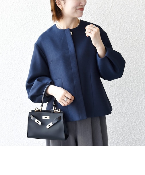 《予約》SHIPS any:〈手洗い可能〉パフ スリーブ ノーカラー ジャケット［NAVY BLUE］