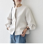《予約》SHIPS any:〈手洗い可能〉パフ スリーブ ノーカラー ジャケット［NAVY BLUE］
