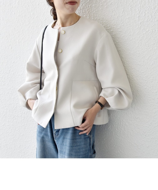 《予約》SHIPS any:〈手洗い可能〉パフ スリーブ ノーカラー ジャケット［NAVY BLUE］