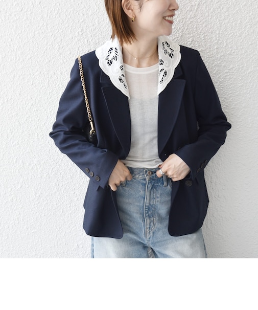 《予約》SHIPS any:〈手洗い可能〉ウールライク レース カラー ジャケット［NAVY BLUE］