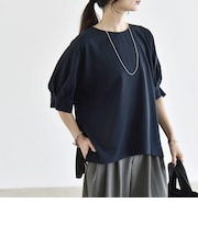〈手洗い可能〉ストレッチ ジョーゼット ハーフスリーブ コンビ ブラウス