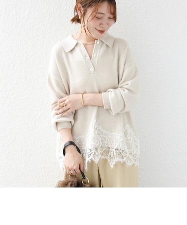 《予約》【WEB限定】〈手洗い可能〉レーストリム スキッパー ポロ襟 ニット