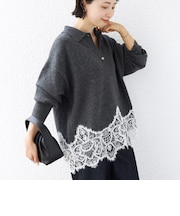 《予約》【WEB限定】〈手洗い可能〉レーストリム スキッパー ポロ襟 ニット
