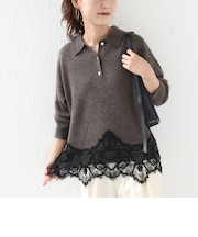 《予約》【WEB限定】〈手洗い可能〉レーストリム スキッパー ポロ襟 ニット