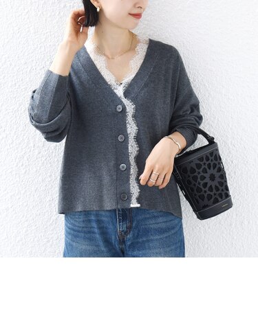 《予約》〈手洗い可能〉レース コンビ ニット カーディガン