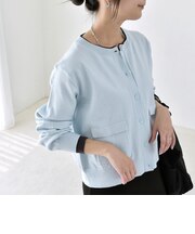 《予約》〈手洗い可能〉配色 レイヤードライク クルーネック ポケット ニット カーディガン