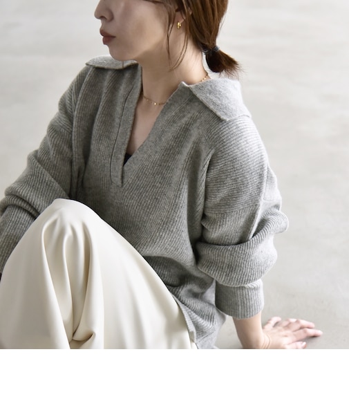 《予約》〈手洗い可能〉AQUA カシミヤ ミックス アゼ スキッパー ポロ ニット