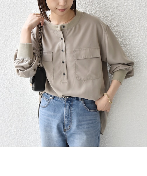 〈手洗い可能〉フィブリルサテン リブ コンビ シャツ