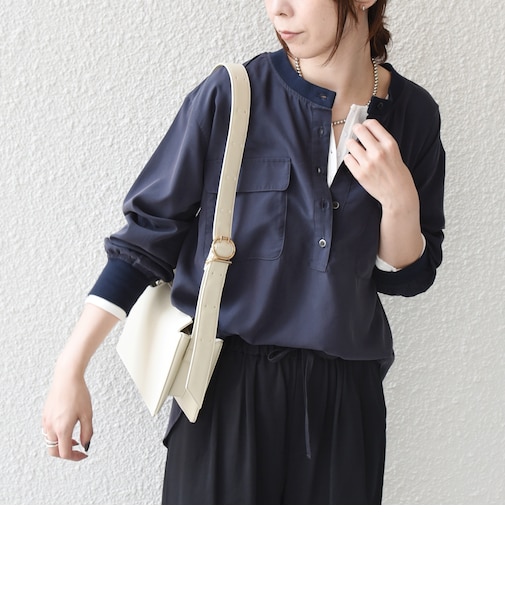 〈手洗い可能〉フィブリルサテン リブ コンビ シャツ