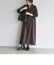 《予約》〈洗濯機可能〉スタンドカラー リボンタイ スキッパー ボリューム ロング ワンピース