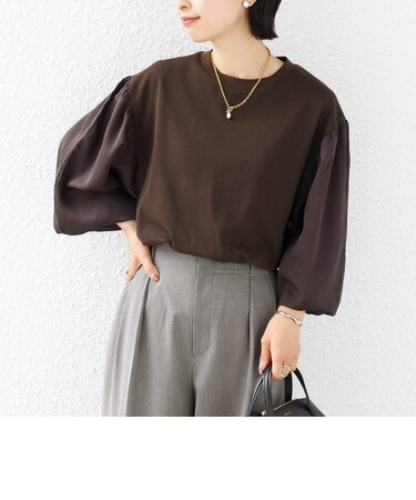 〈洗濯機可能〉袖 サテン ギャザー スリーブ ニット リブ コンビ プルオーバー