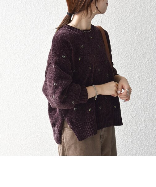〈手洗い可能〉フラワー 刺繍 クルーネック プルオーバー