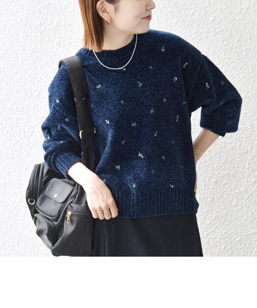 〈手洗い可能〉フラワー 刺繍 クルーネック プルオーバー
