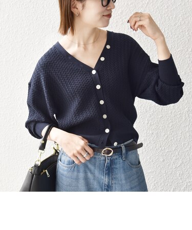 〈手洗い可能〉ウール ミックス ケーブル Vネック ニット カーディガン
