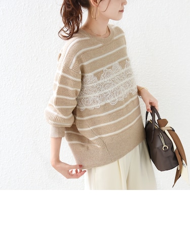 《予約》【WEB限定】〈手洗い可能〉フラワー レース ドッキング ボーダー ニット
