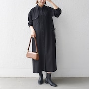 《予約》〈洗濯機可能〉ウールライク ポケット フレア ロング ワンピース［NAVY BLUE］