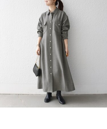 《予約》〈洗濯機可能〉ウールライク ポケット フレア ロング ワンピース［NAVY BLUE］