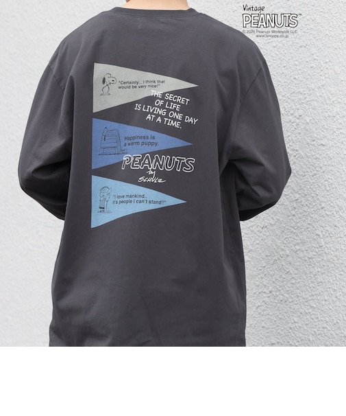 SNOOPY コラボ ヴィンテージライク ペナント グラフィック プリント Tシャツ(ロンT)◇