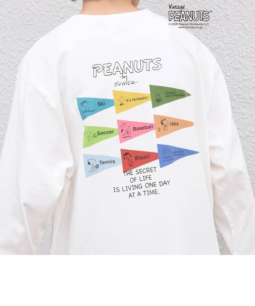 SNOOPY コラボ ヴィンテージライク ペナント グラフィック プリント Tシャツ(ロンT)◇