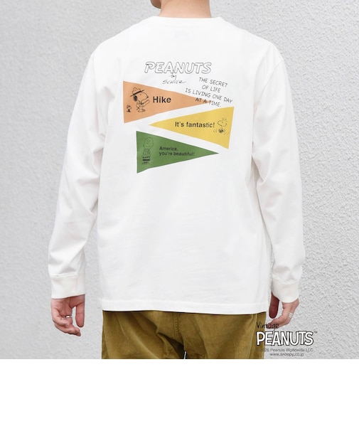 SNOOPY コラボ ヴィンテージライク ペナント グラフィック プリント Tシャツ(ロンT)◇