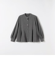 〈洗濯機可能〉裏起毛 バンドカラー フレア ブラウス［NAVY BLUE］