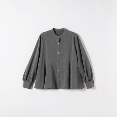 〈洗濯機可能〉裏起毛 バンドカラー フレア ブラウス［NAVY BLUE］