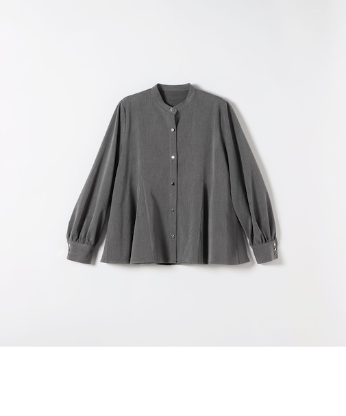 〈洗濯機可能〉裏起毛 バンドカラー フレア ブラウス［NAVY BLUE］