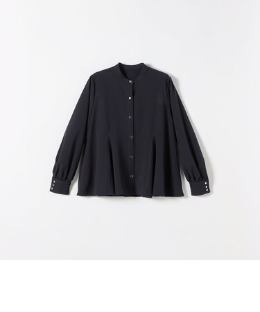 〈洗濯機可能〉裏起毛 バンドカラー フレア ブラウス［NAVY BLUE］