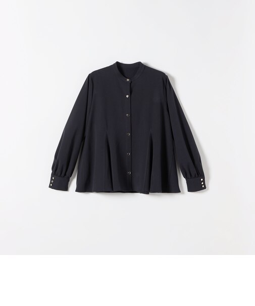 〈洗濯機可能〉裏起毛 バンドカラー フレア ブラウス［NAVY BLUE］